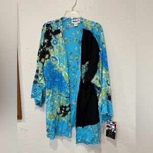 We Be Bop Blue Floral Button Front Kimono Jacket Crinkle Boho Art Wear Sz 14